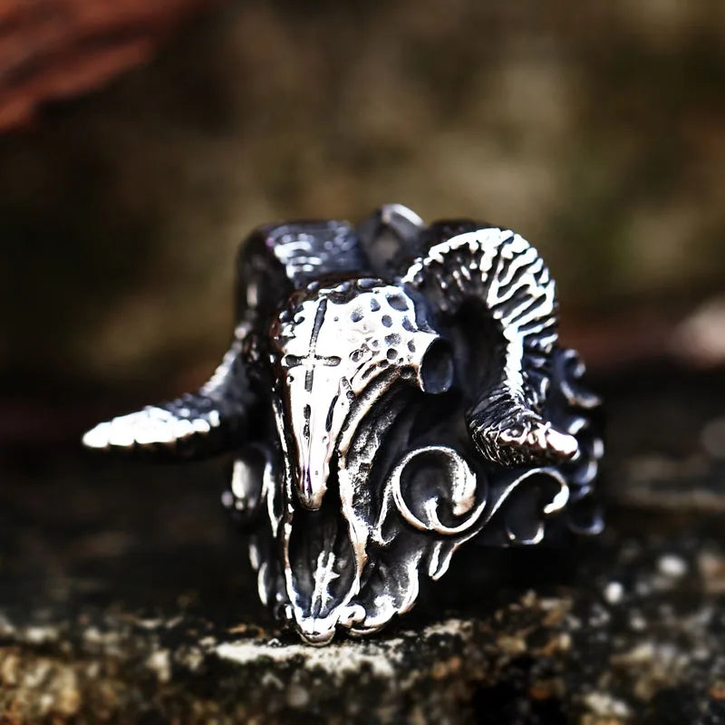 Beier 316L Stainless Steel Ancient dish Sheep cattle head Skull Ring Messenger of hell satan Personality Fashion