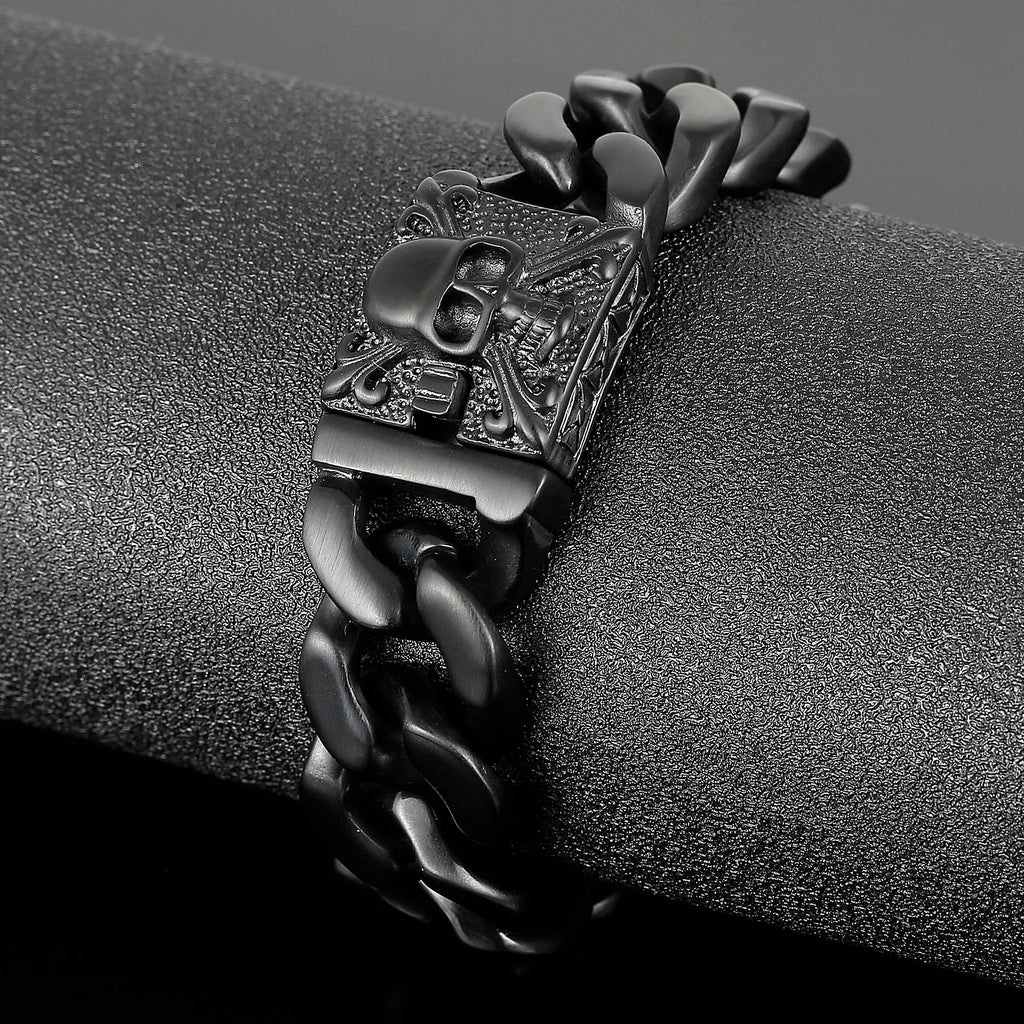 Fongten Gothic Skull Bracelets For Men Ancient Silver Color Stainless Steel Cuban Chain Heavy Bracelet Bangle Jewelry Wholesale