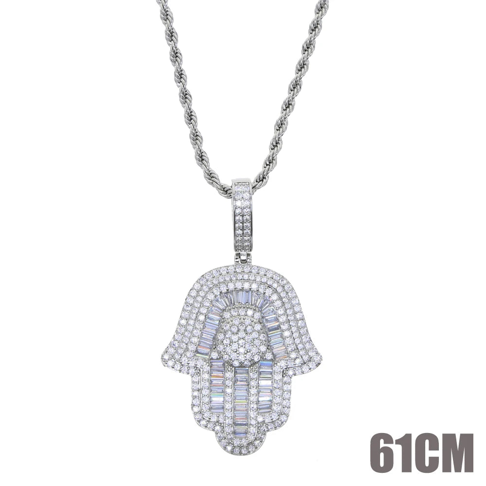 New Hamsa Hand Pendant Necklace 5mm Tennis Chain Hip Hop Iced Out Cubic Zirconia Sliver Color 5A CZ Stone Charm Jewelry