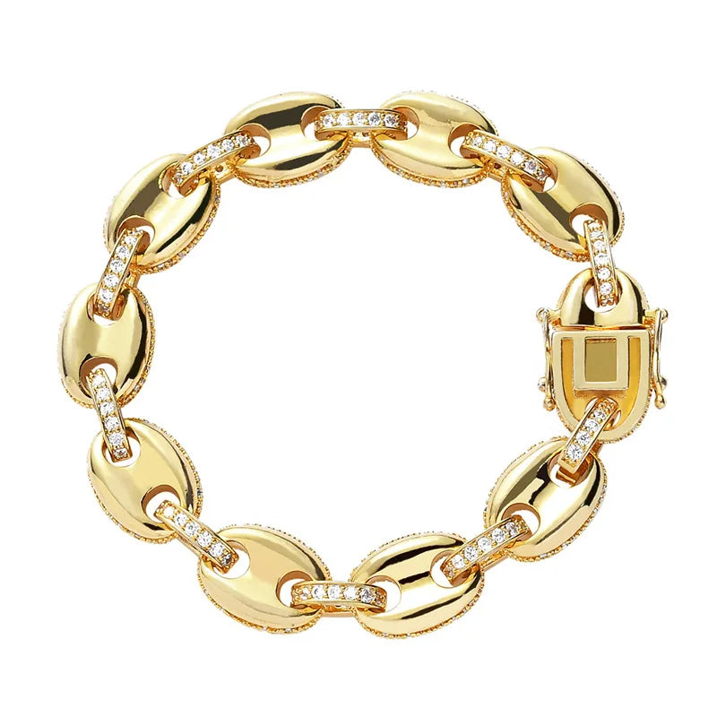 12mm wide Hip Hop CZ Stone Paved Bling Iced Out Solid Coffee Beans Link Chain Bracelets for Men Women Fashion Rapper