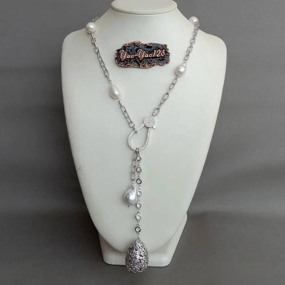 Iced Pearl Teardrop Pendant Necklace — 22"