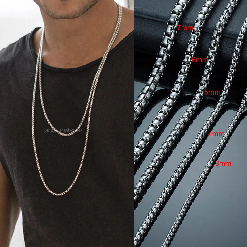 Two-Tone Round Box Chain Necklace — Stainless Steel
