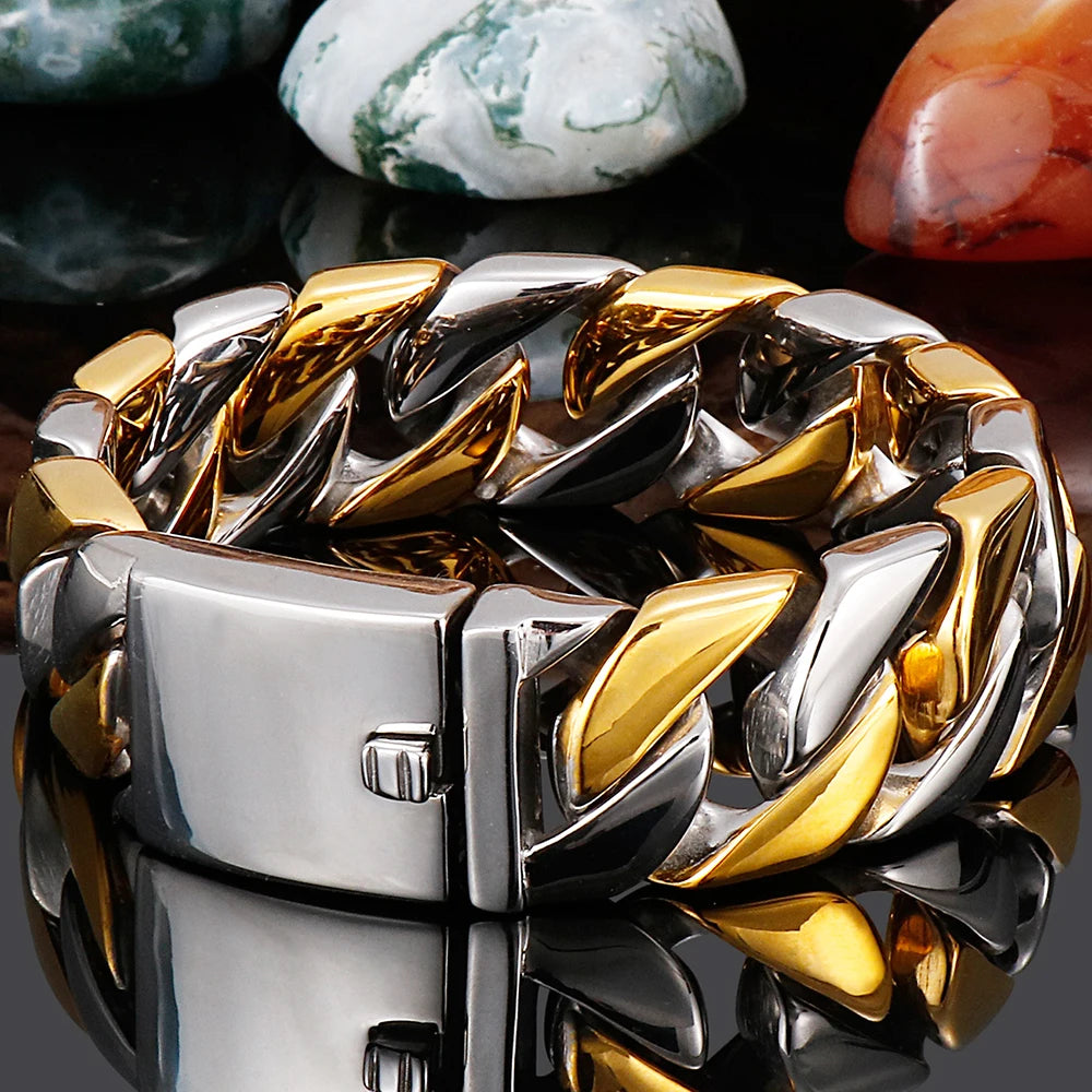 Polished Stainless Steel On Hand Accessories 20MM Wide Iron Men's Bracelet for Man Waterproof Gold Color Men‘s Jewelry