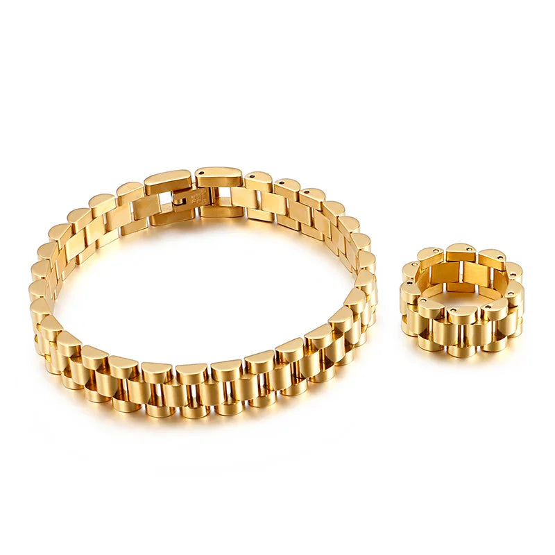 10MM Wide Watch Strap Chain Bracelet Men Luxury Gold Color Stainless Steel Bracelets For Women Finger Ring Men's Single