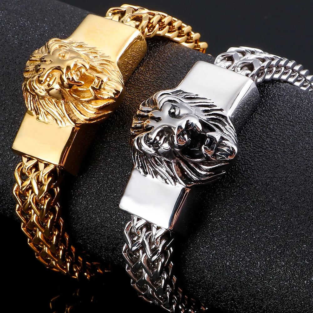 Lion Head Metal Bracelet Man 12MM Wide 316L Stainless Steel Snake Link Chain Men‘s Charm Bracelets On Hand Bands Strap