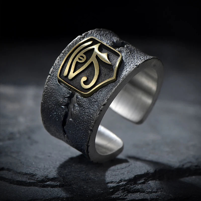 Egyptian Pharaoh Eye of Horus Rune Amulet Biker Rings Mens Ankh Cross Silver Color 316L Stainless Steel Ring Egypt