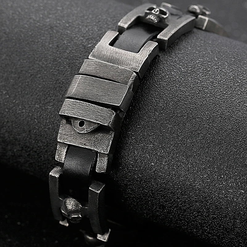 Ghost Skull Head Shaped Men's Leather Bracelets With Belt Buckle Stainless Steel On Hand Bands For Men Male Wristbands