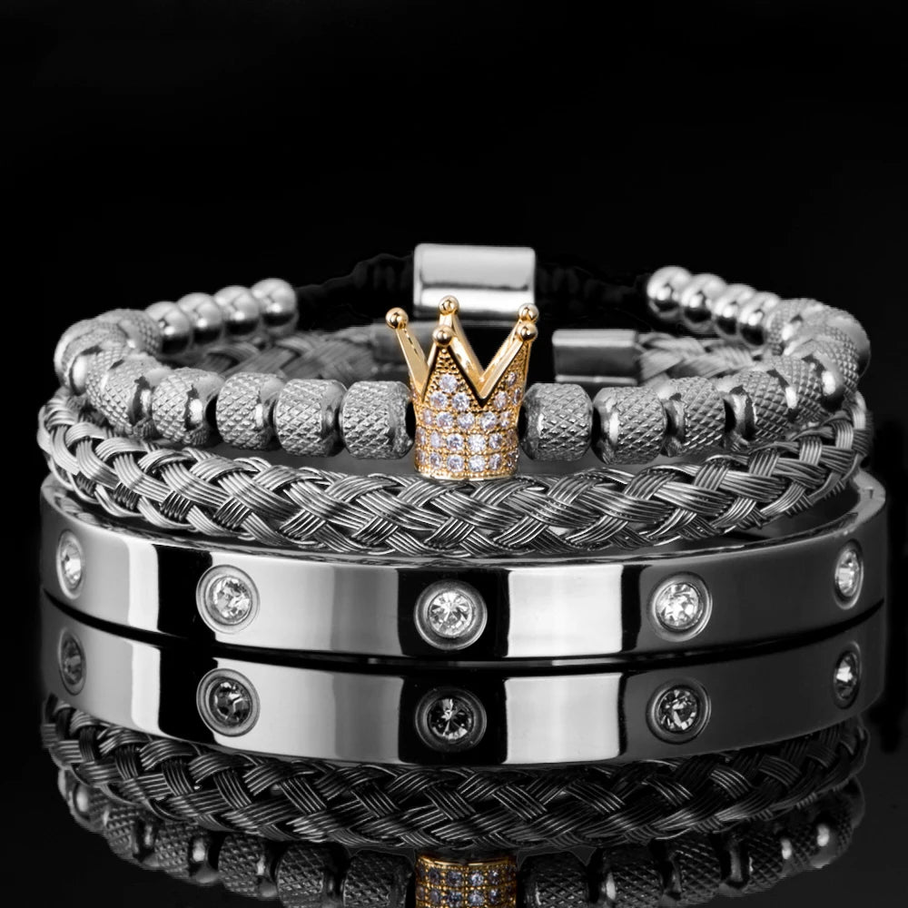 Luxury Micro Pave CZ Crown Roman Royal Charm Men Bracelets Stainless Steel Crystals Bangles Couple Jewelry Gift