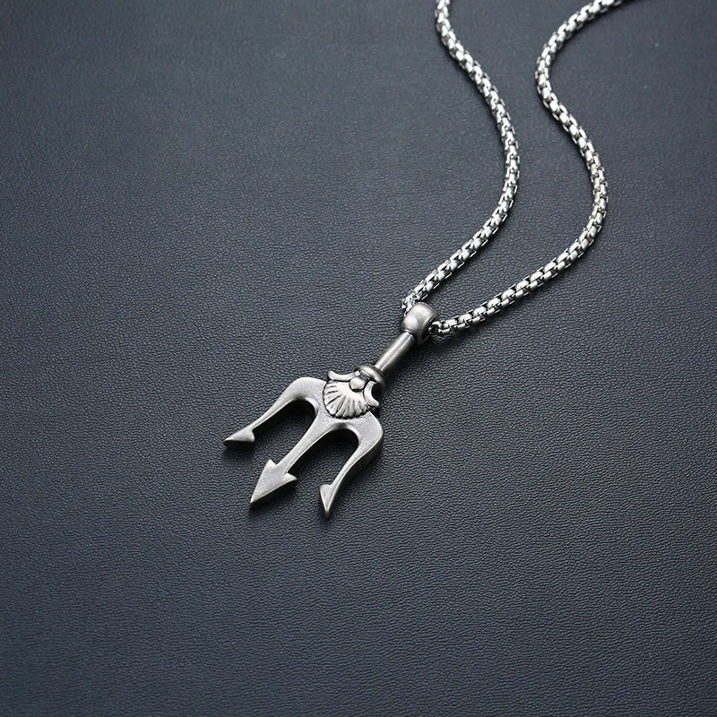Vintage Neptune Poseidon Trident Pendant Stainless Steel Ancient Greece Amulet Necklace Men Jewelry Gift for Sailor