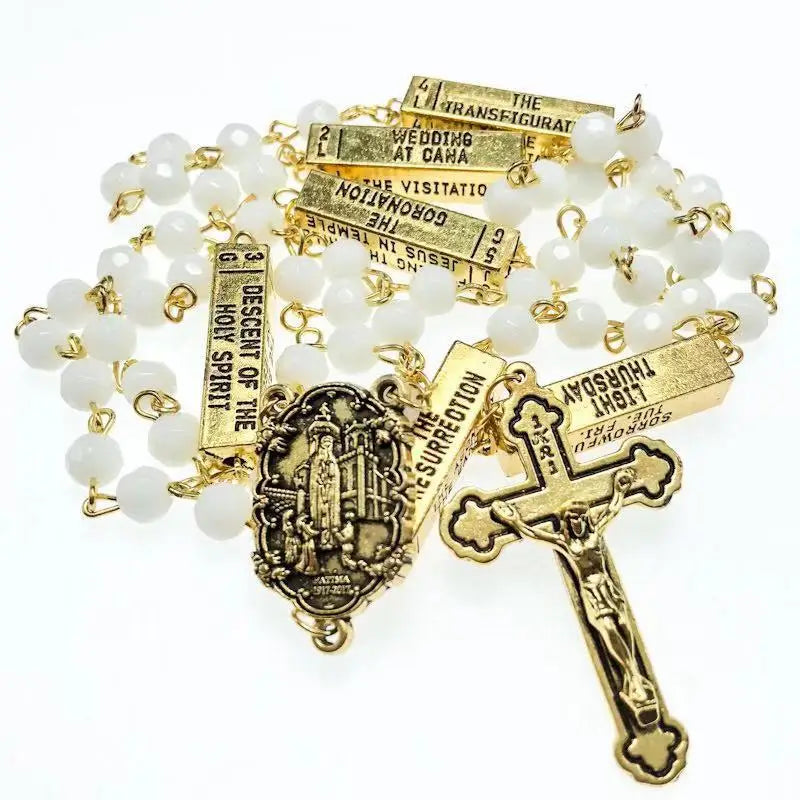 Hamsa Hand White Facet Glass Bead Necklace 6mm — Two-Tone