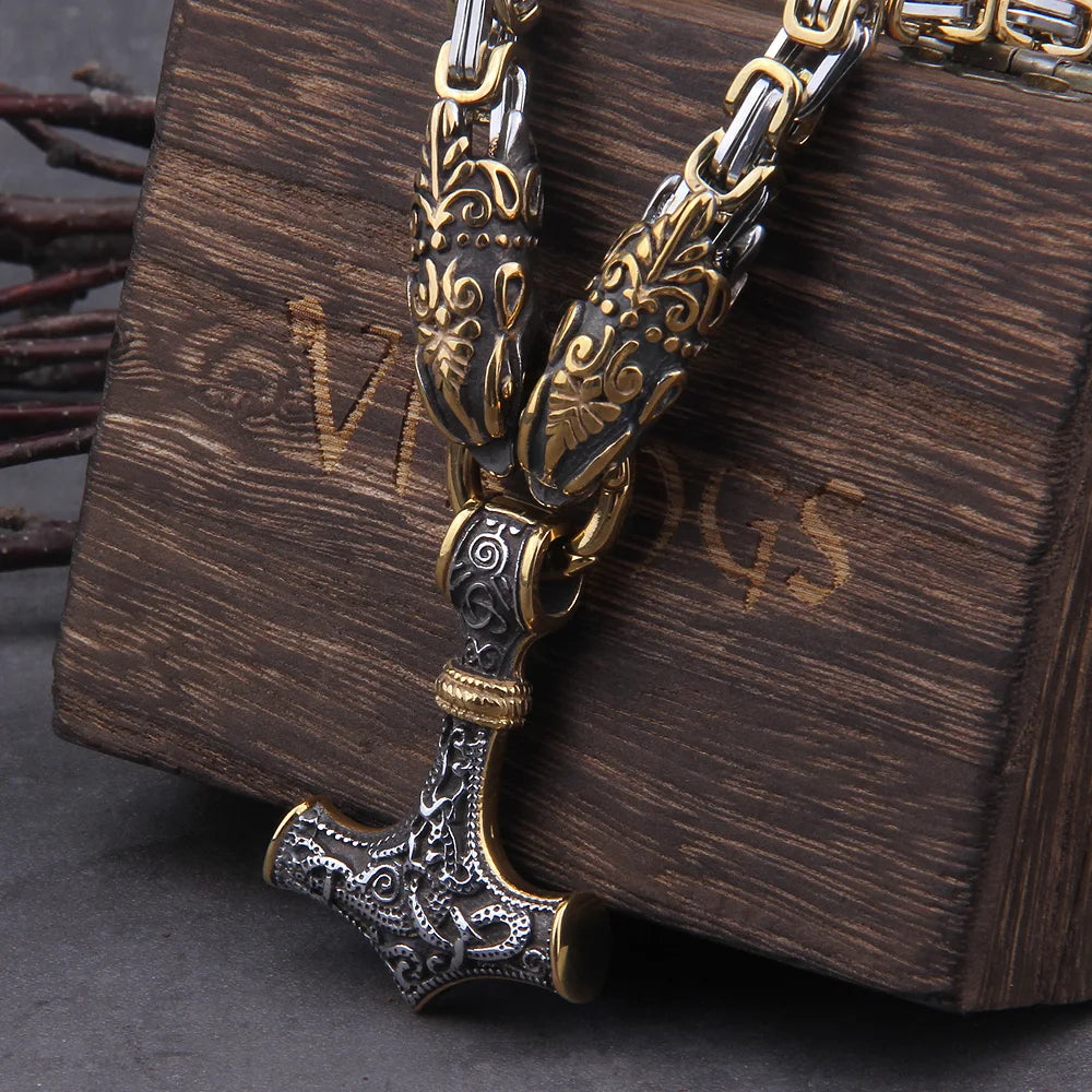 Men stainless steel Dragon head norse viking amulet thor hammer pendant necklace viking king chain Never Fade