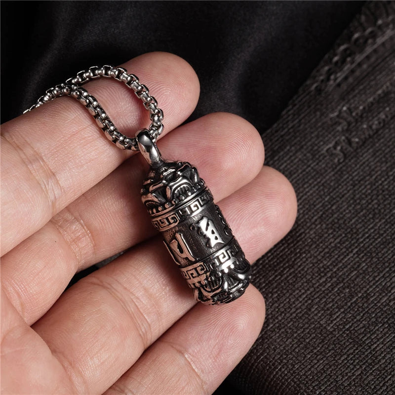 Six-Character Mantra Cylinder Pendant Necklace — Stainless Steel
