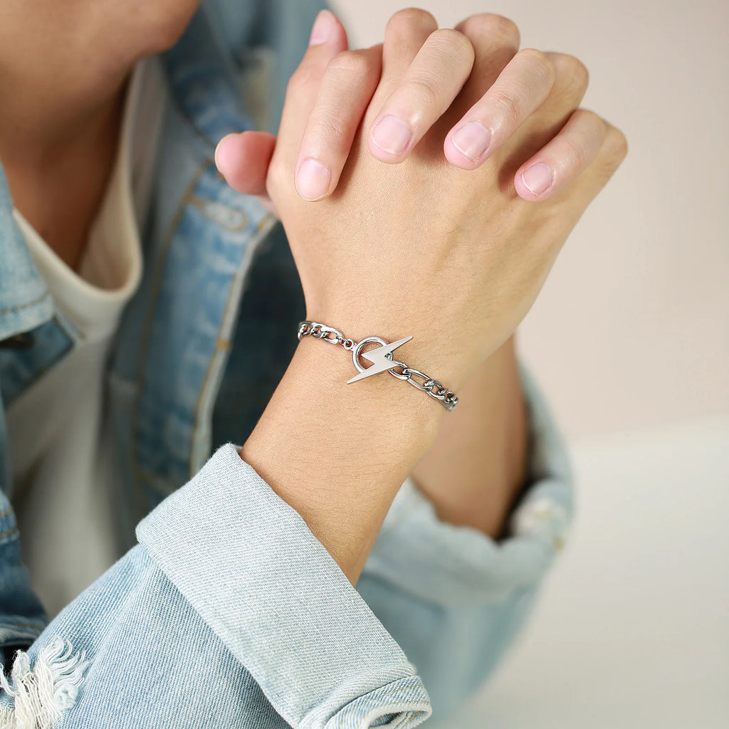 Stainless Steel Lightning Bolt Figaro Chain Bracelet for Men Jewelry