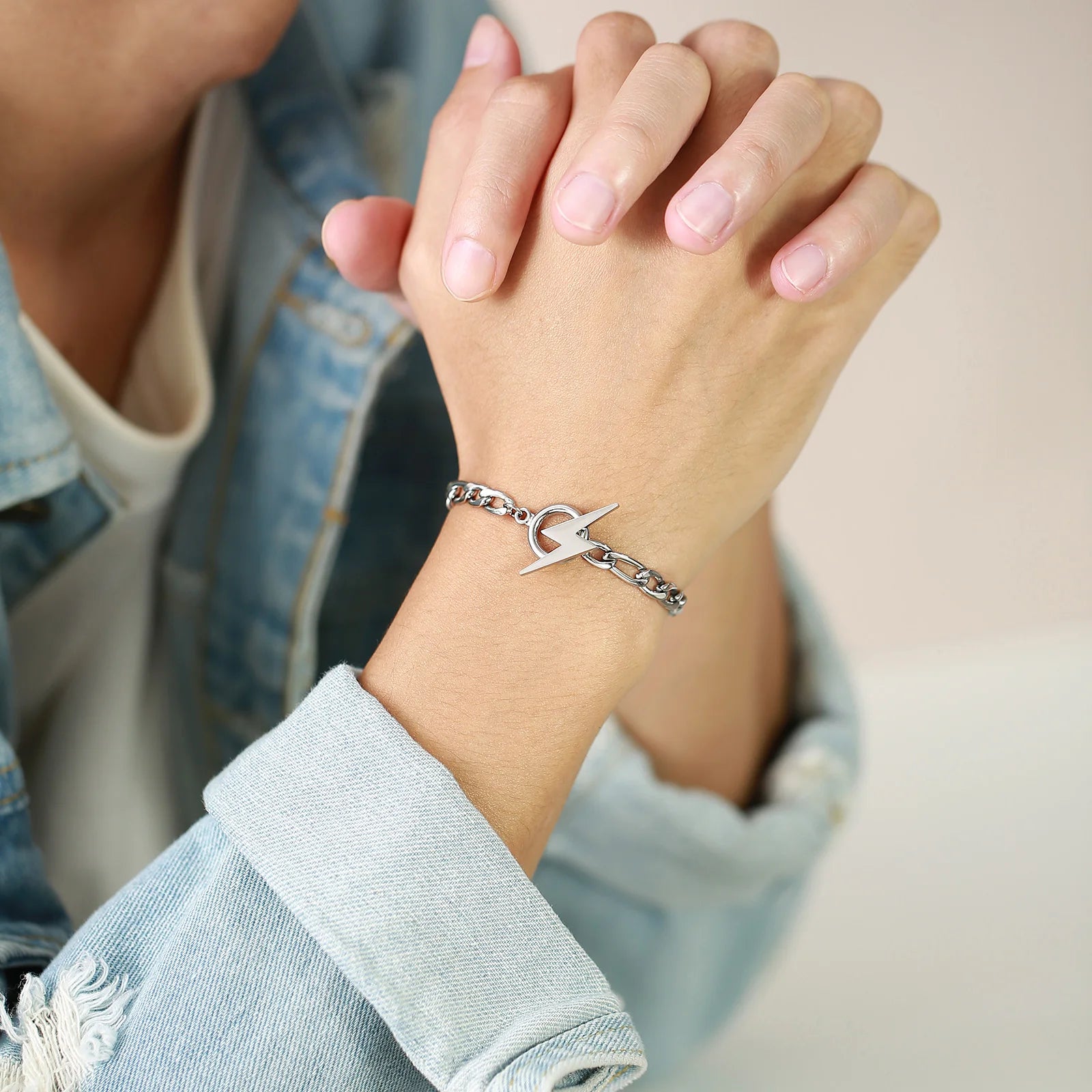 Stainless Steel Lightning Bolt Figaro Chain Bracelet for Men Jewelry