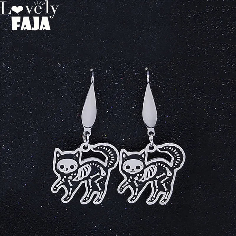 Skull Cat Silver Earrings Gothic Dangle Small