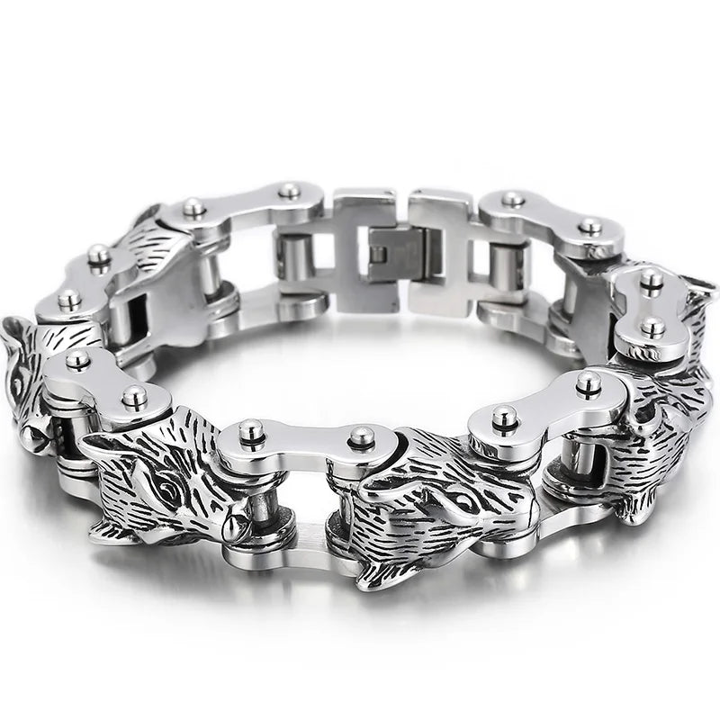 Rock and Roll Men's Bracelet Heavy And Study 20MM Bike Chain Wolf Head Bracelets For Man Massive Male Biker Jewelry
