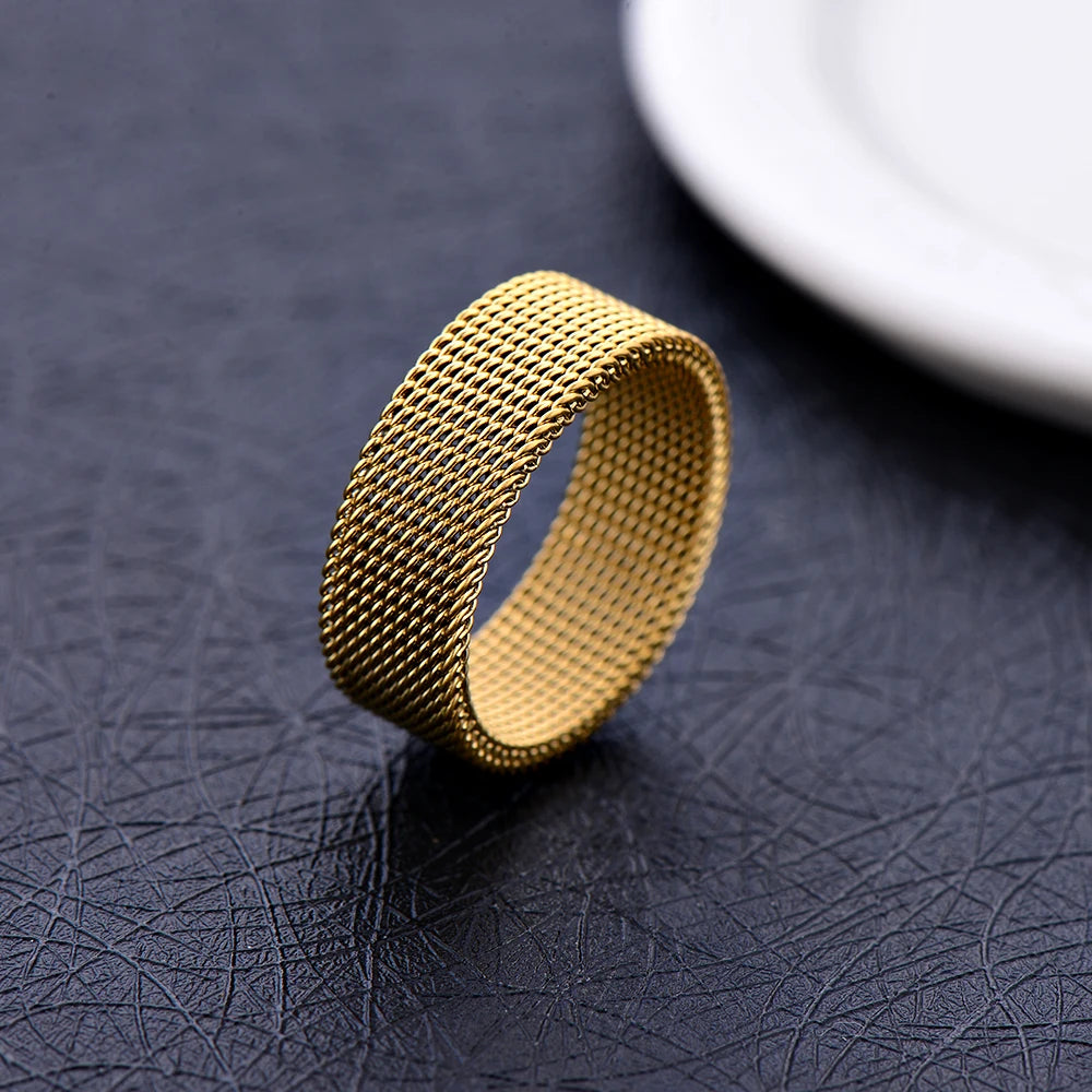 Hot sale width 8MM stainless steel gold black color mesh finger ring fashion jewelry for men and women Size 7-10# drop