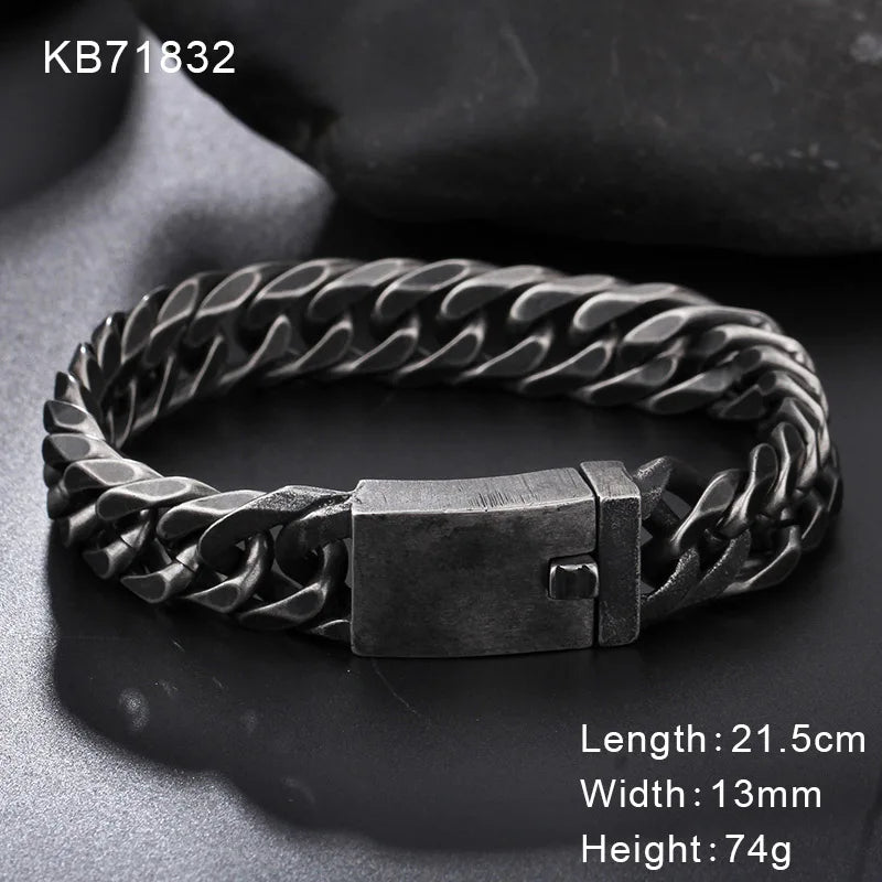Fongten Retro Black Bracelet For Men Cuban Chain Stainless Steel Heavy Wide Curb Bracelets Bangle Male Jewelry