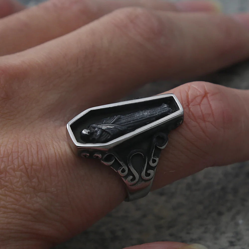 Unique Zombie Vampire Skull Biker Men's Ring Black Stainless Steel Punk Coffin Rings For Men Gothic Ring Wholesale Jewelry Gift