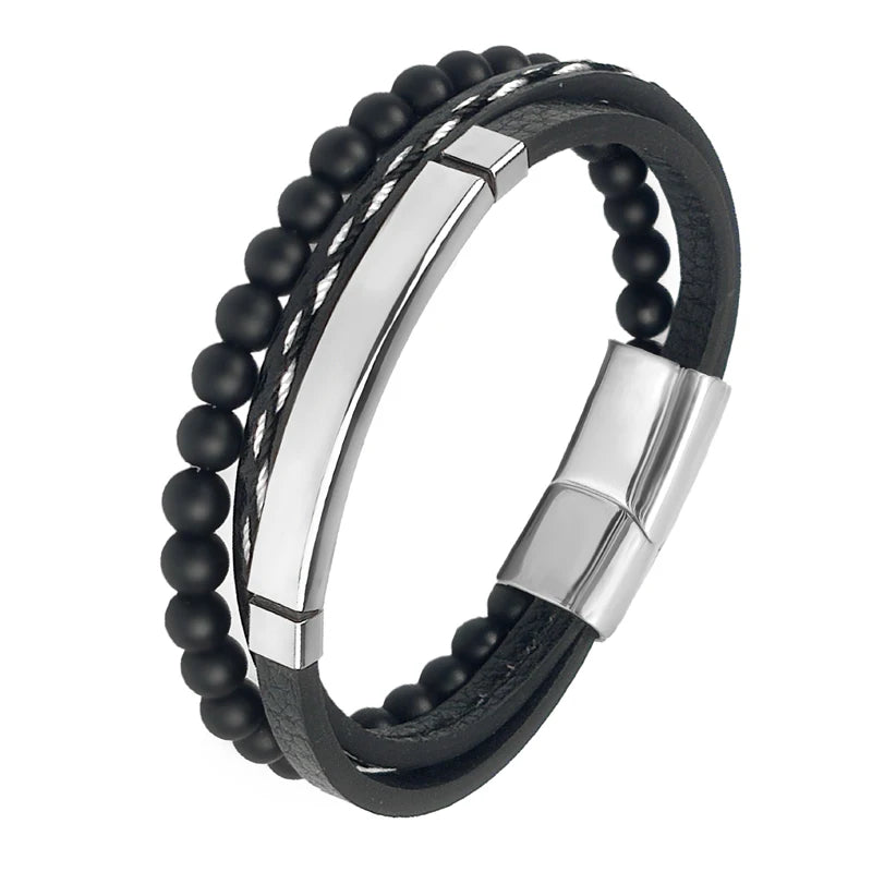 Charm Magnet Clasp Natural Stone Bead Bracelet — Stainless Steel