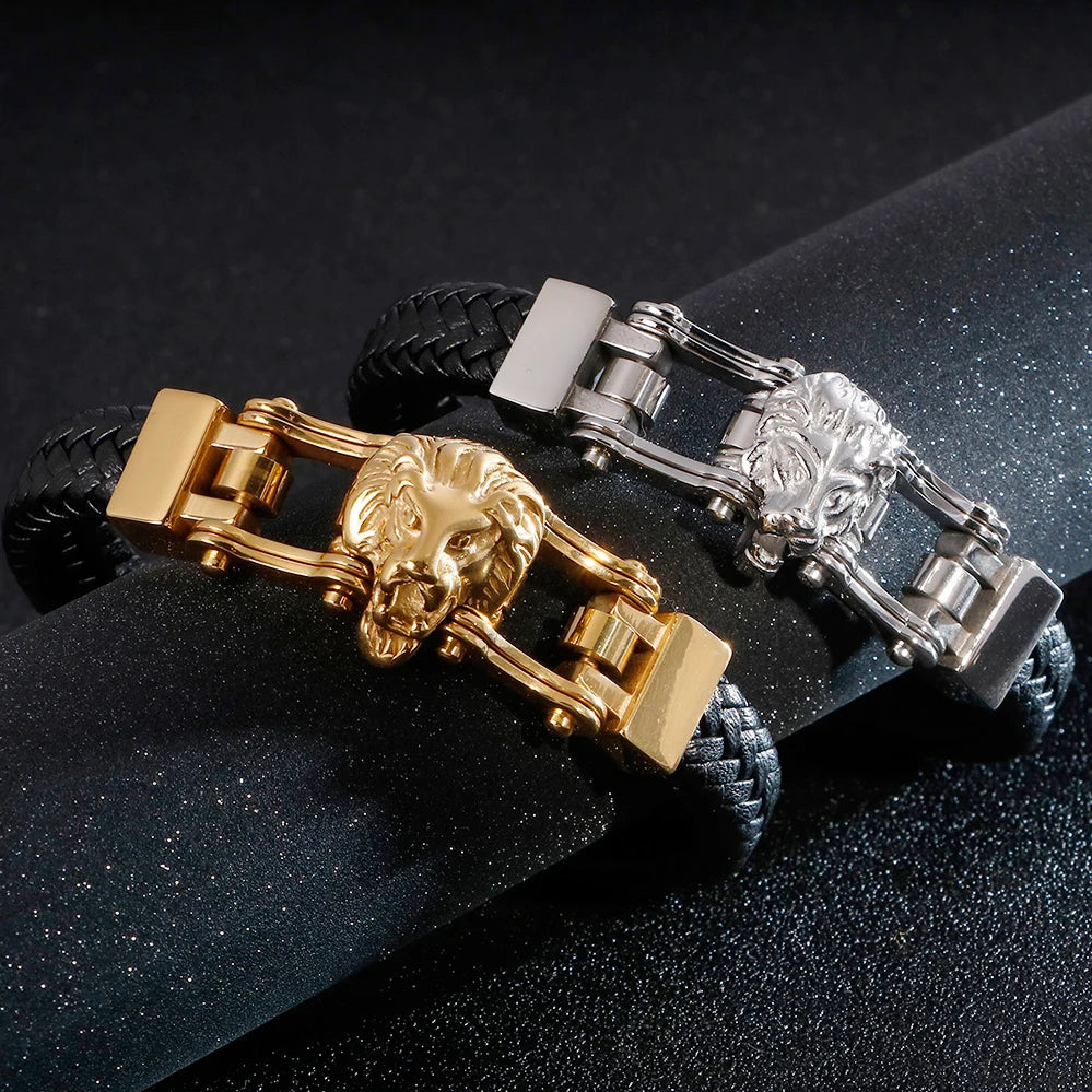 Punk Goth Lion Head Men's Bracelets & Bangles Braided Genuine Leather Man Bracelet Gold Color Stainless Steel Bike