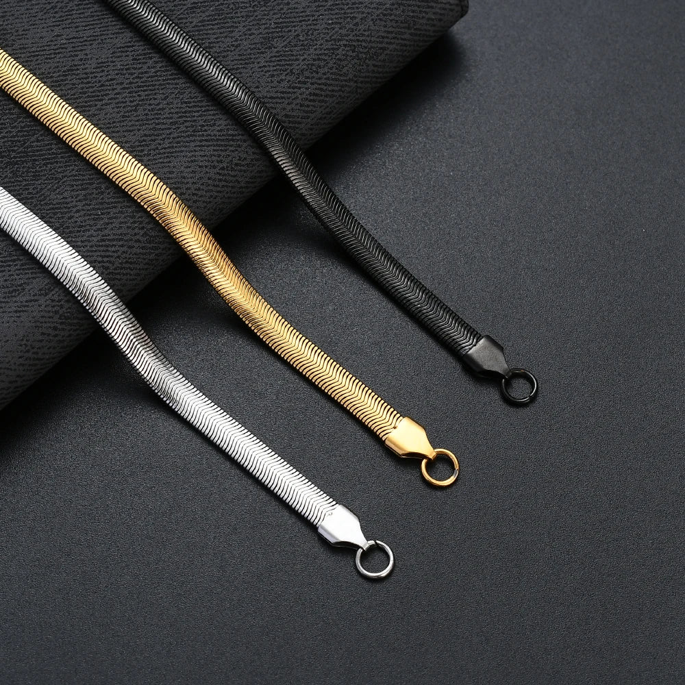 Hot sale 6MM 316L stainless steel gold black color flat snake chain bracelet fashion jewelry for men and women party gifts