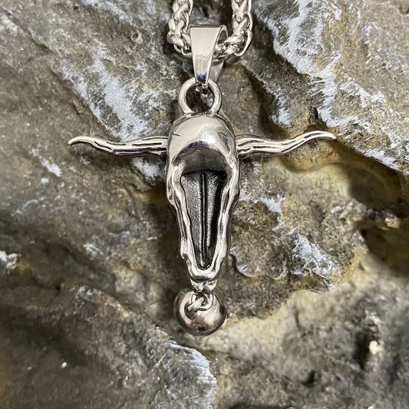 Bull Skull Bell Pendant Necklace — Stainless Steel