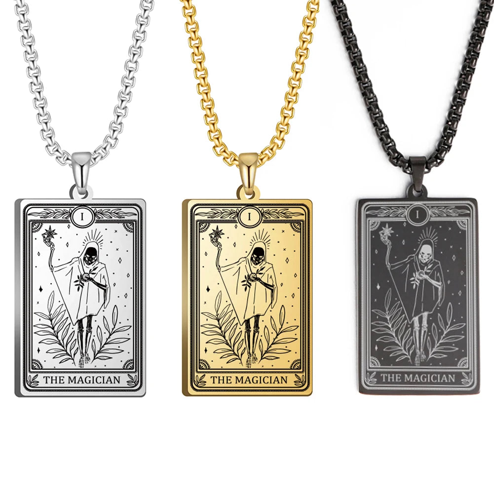 Dawapara Skeleton Tarot Necklace Amulet Marigold Tarot Card Major Arcana Necklaces Halloween Gift Stainless Steel
