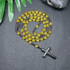 Tiger Eye Black Obsidian Rosary Cross Necklace — Black-Tone, 8mm