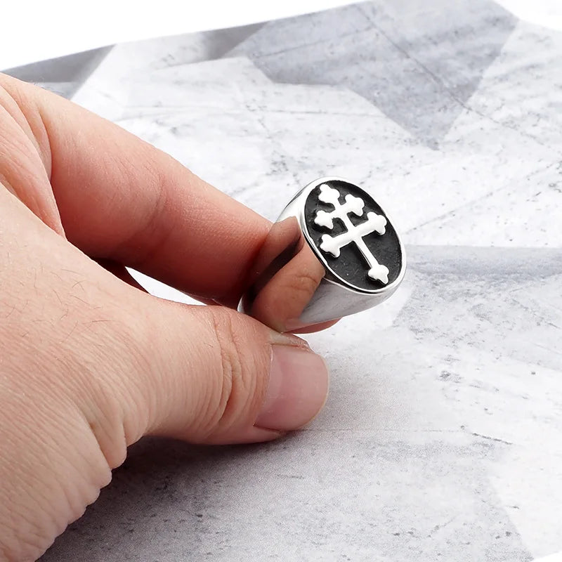 Vintage 316L Stainless Steel Silver Color Men's Classic Cross of Lorraine Signet Ring Jewelry For Friend Gift