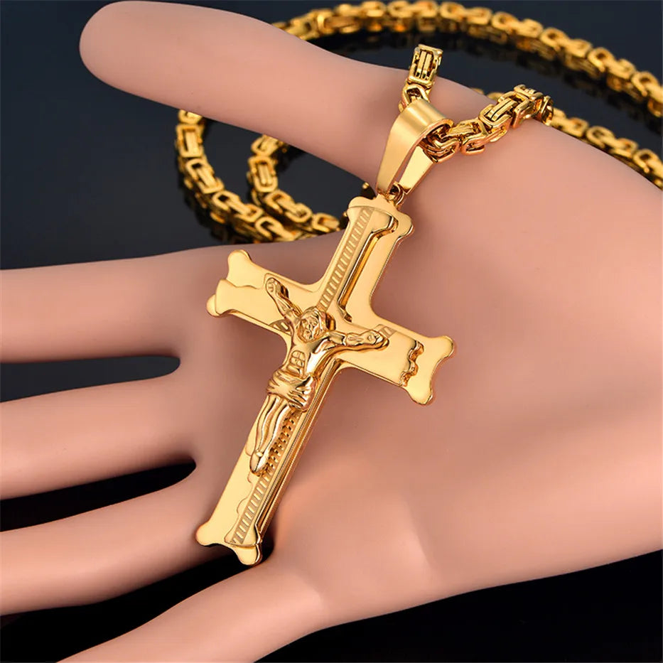 Fashion Byzantine Chain,Christ Cross Stainless Steel Long Necklace for Men Gold Color Statement Necklace Jewelry