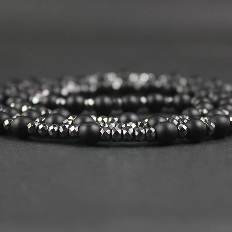 Matte Black Stone Hematite Rosary Cross Necklace — Black-Tone