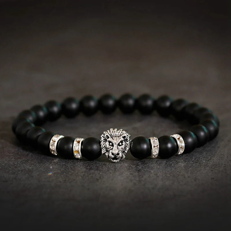 Classic Lion Head Beaded Bracelet — Black Matte & Color Beads
