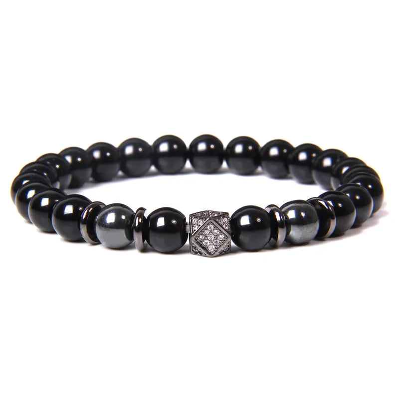 Black Beaded Round Metal Ball Bracelet for Men — Two-Tone