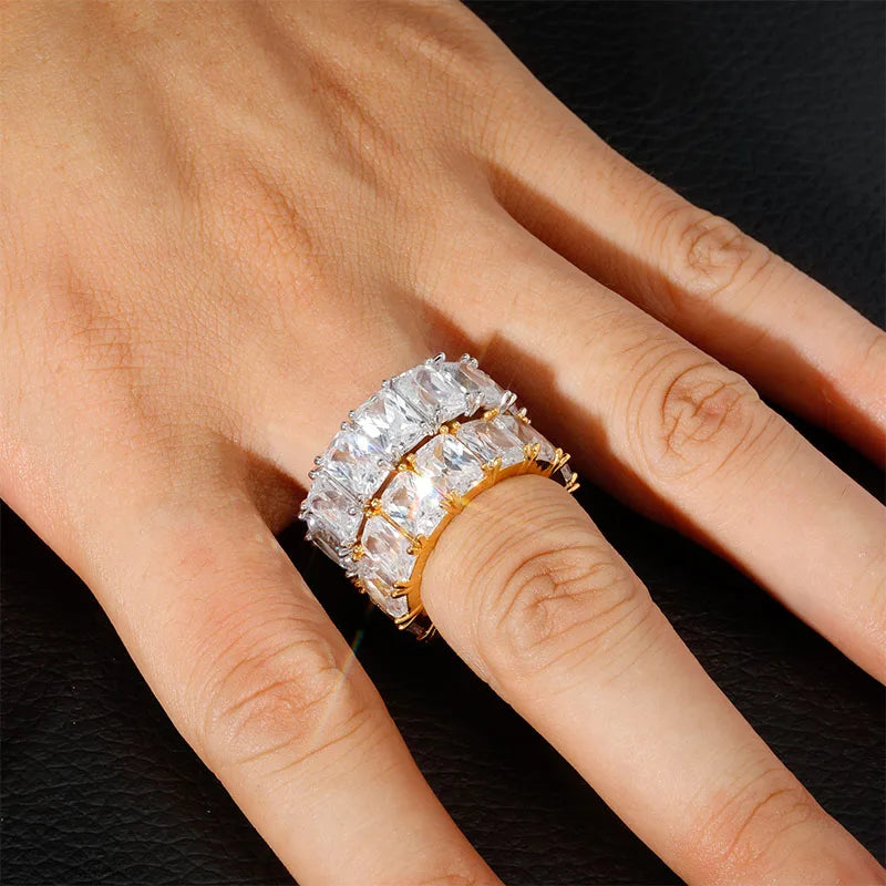 TOPGRILLZ 1 Row Solitaire Tennis Men's Ring Copper Charm Baguette Cubic Zircon Iced Ring Fashion Hip Hop Jewelry For Gifts