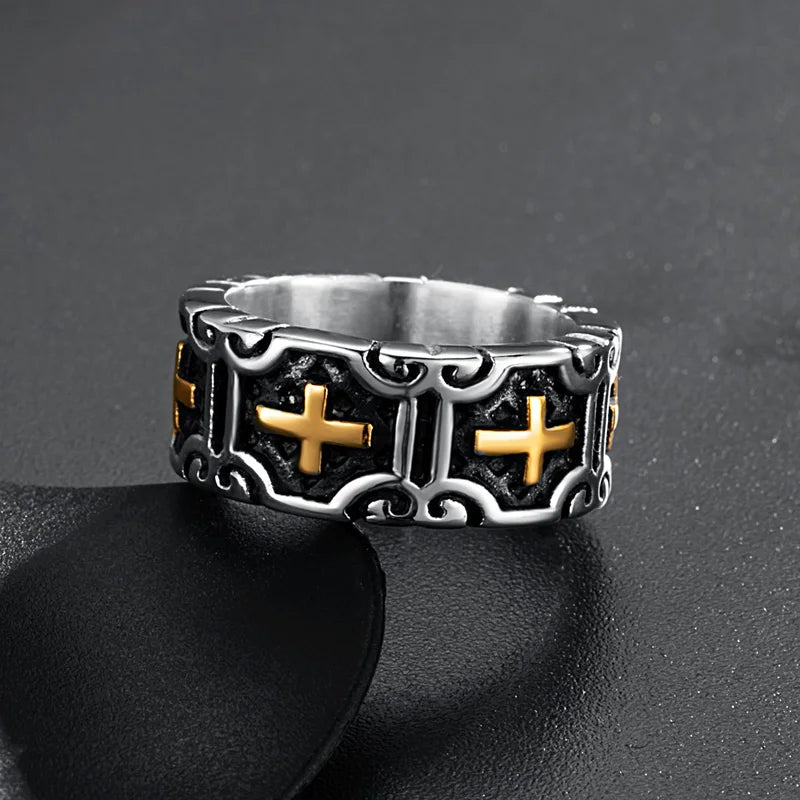 Valily Classic Retro Christian Jesus Cross Ring Stainless Steel Christian Believers Punk Rock Men's Round Rings Band