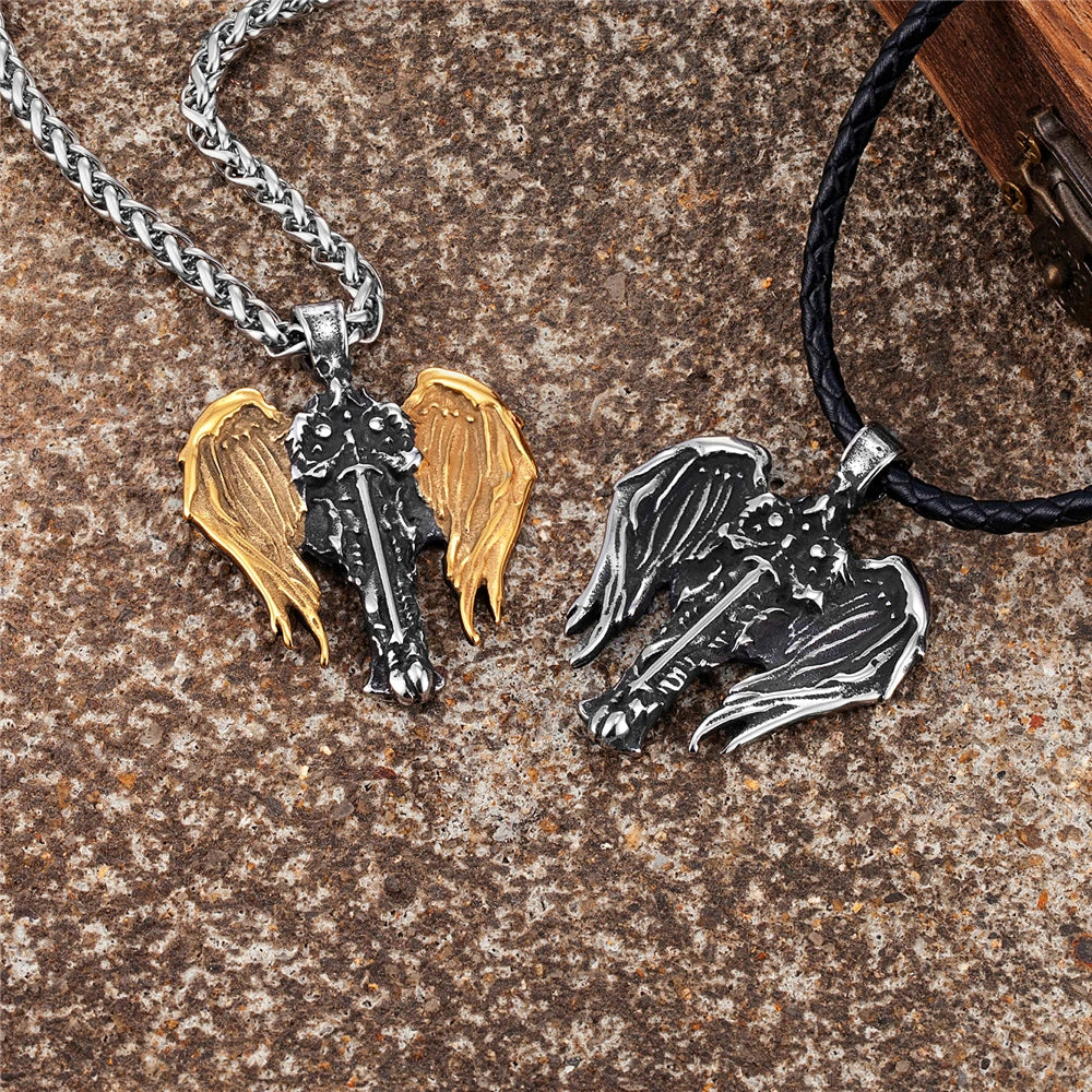 Mens Norse Knight Necklaces Titanium Steel Gold Color Archangel Wings Amulet Pendant Male Jewelry Never Fade Guardian Angel Gift