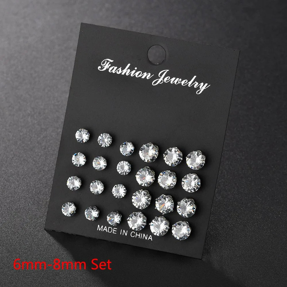 New 12 Pair/Pack White Shiny Wedding Stud Earrings Set For Women Men Crystal Jewelry Accessories Oorbellen Jewelry