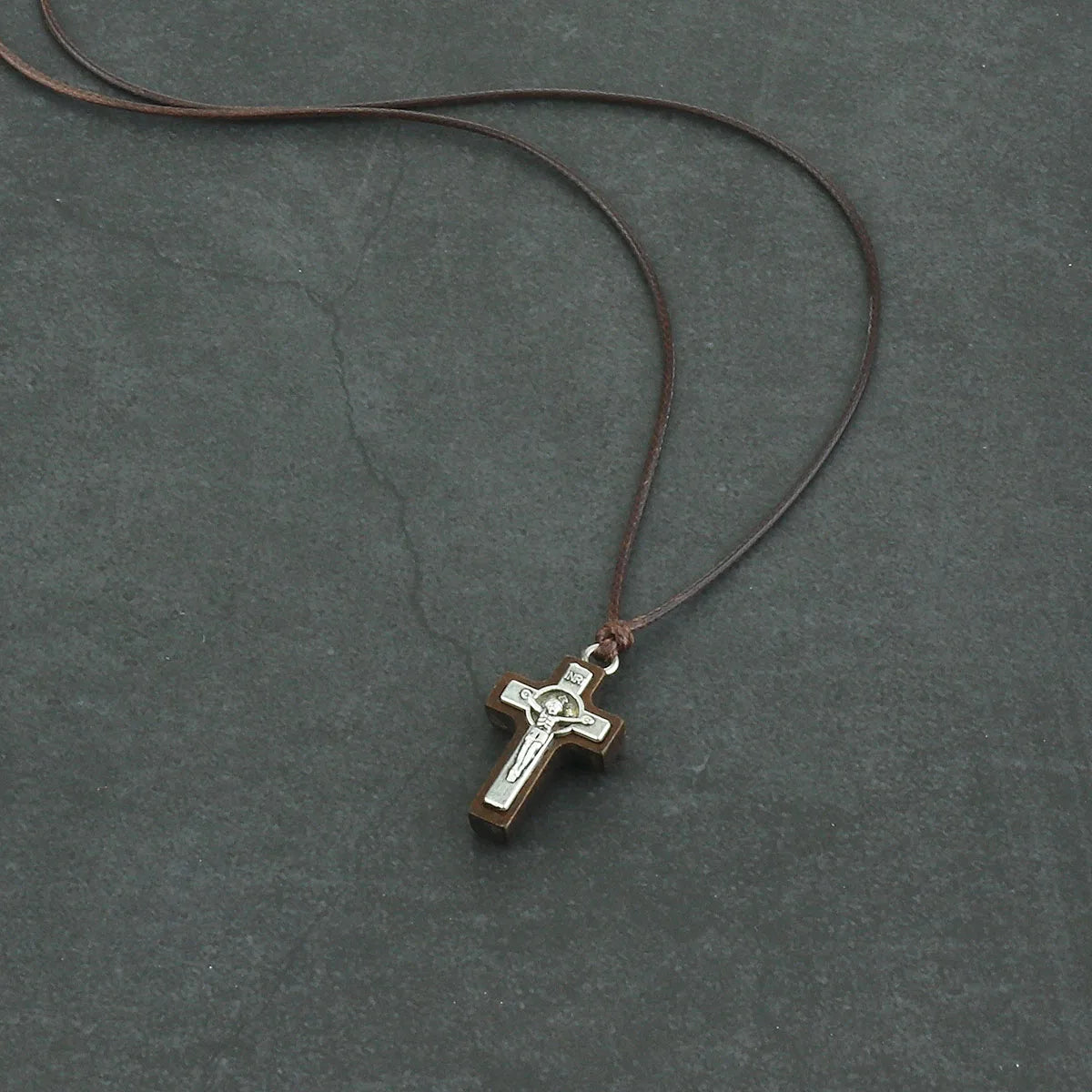 Natural Wood Jesus Crucifix Pendant Necklaces for Men INRI Catholic Cross Necklace Leather Adjustable Rope Chain
