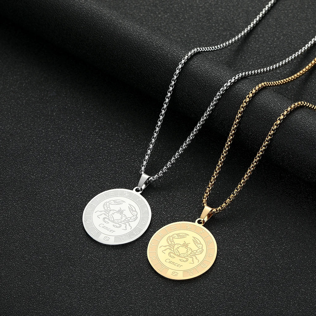 Kinitial Stainless Steel Cancer Zodiac Necklace Pendant for Women Girls Twelve Constellation Chocker Necklaces Jewelry Gift