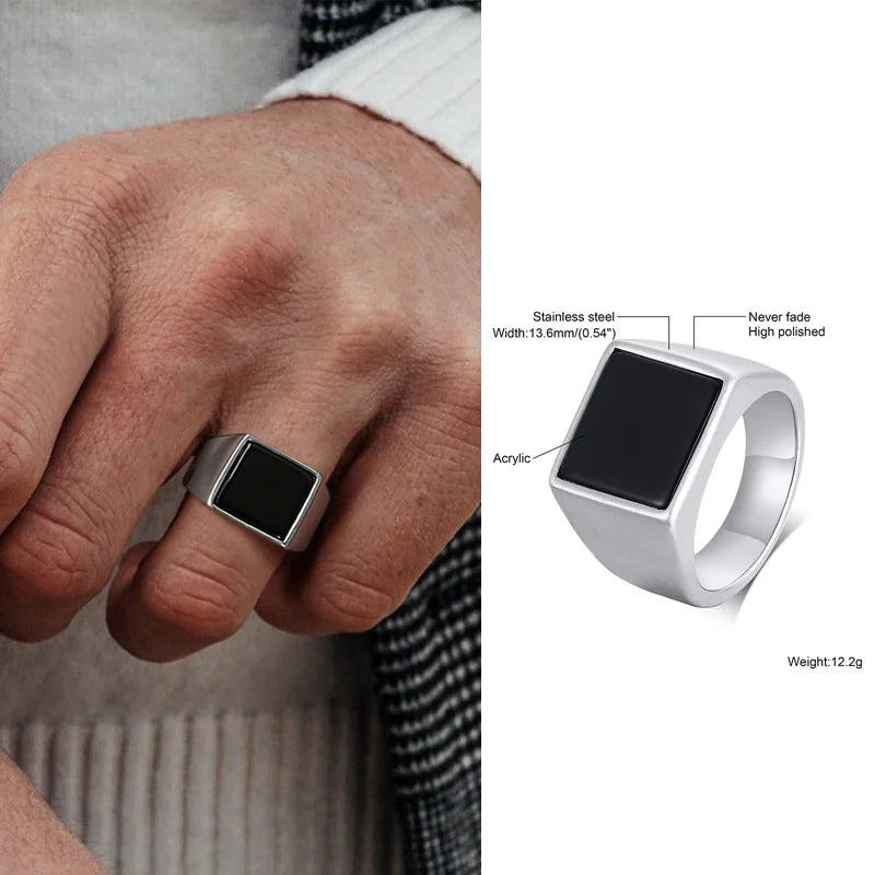 Black Enamel Square Signet Ring — Stainless Steel