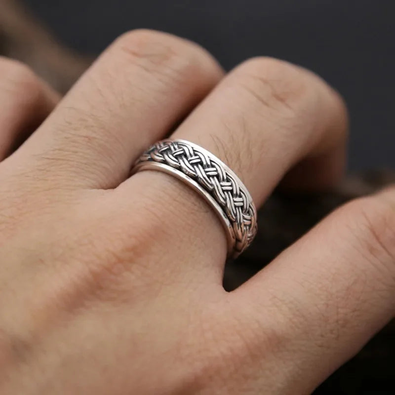 BOCAI New Real S925 Sterling Silver Jewelry Fashion Retro Thai Man Ring Hemp Rope Simple Rotating Turn to Good Luck