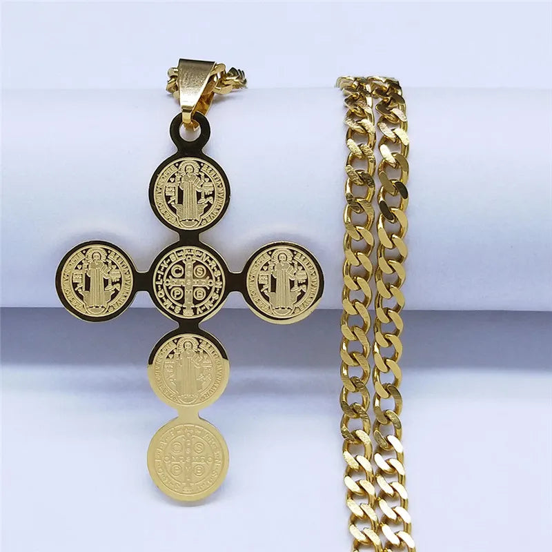 Saint Benedict Cross Pendant Necklace — Gold-Tone