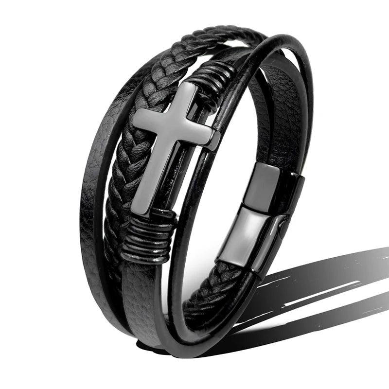 Charm Stainless Steel Leather Cross  Brown/black Bracelet Men Hiphop Jewelry Magnetic Clasp Mutilayer Male Cuff Wrap Bangle Gift