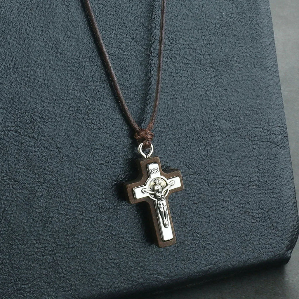 Natural Wood Jesus Crucifix Pendant Necklaces for Men INRI Catholic Cross Necklace Leather Adjustable Rope Chain