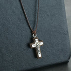 Natural Wood Jesus Crucifix Pendant Necklaces for Men INRI Catholic Cross Necklace Leather Adjustable Rope Chain