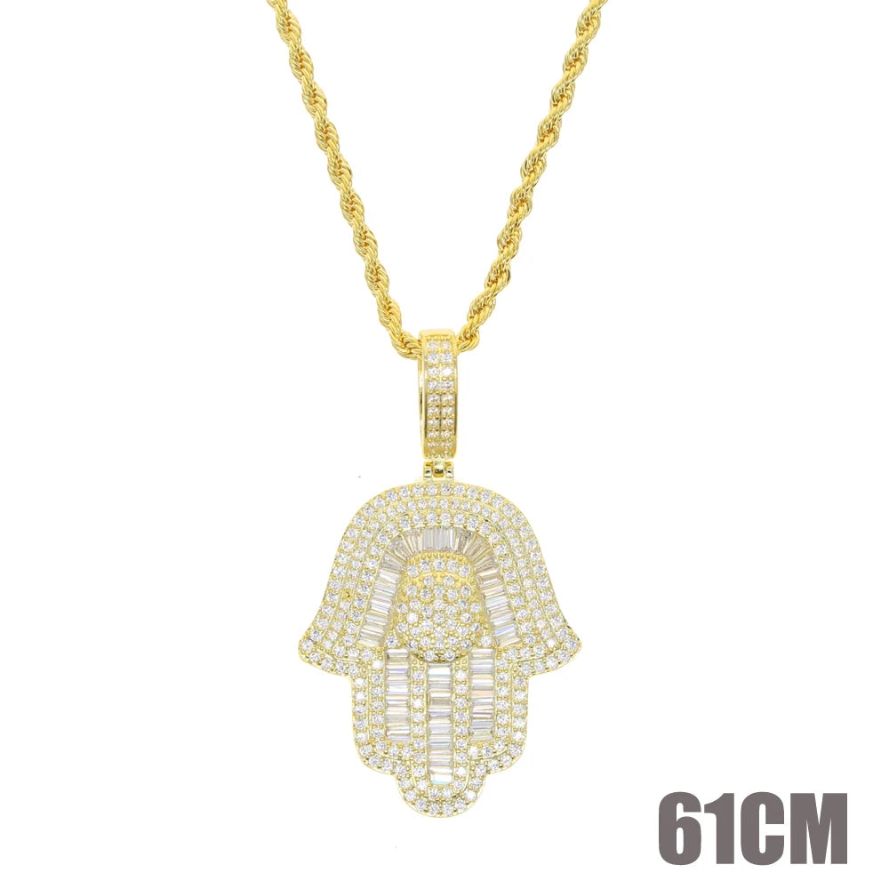 New Hamsa Hand Pendant Necklace 5mm Tennis Chain Hip Hop Iced Out Cubic Zirconia Sliver Color 5A CZ Stone Charm Jewelry