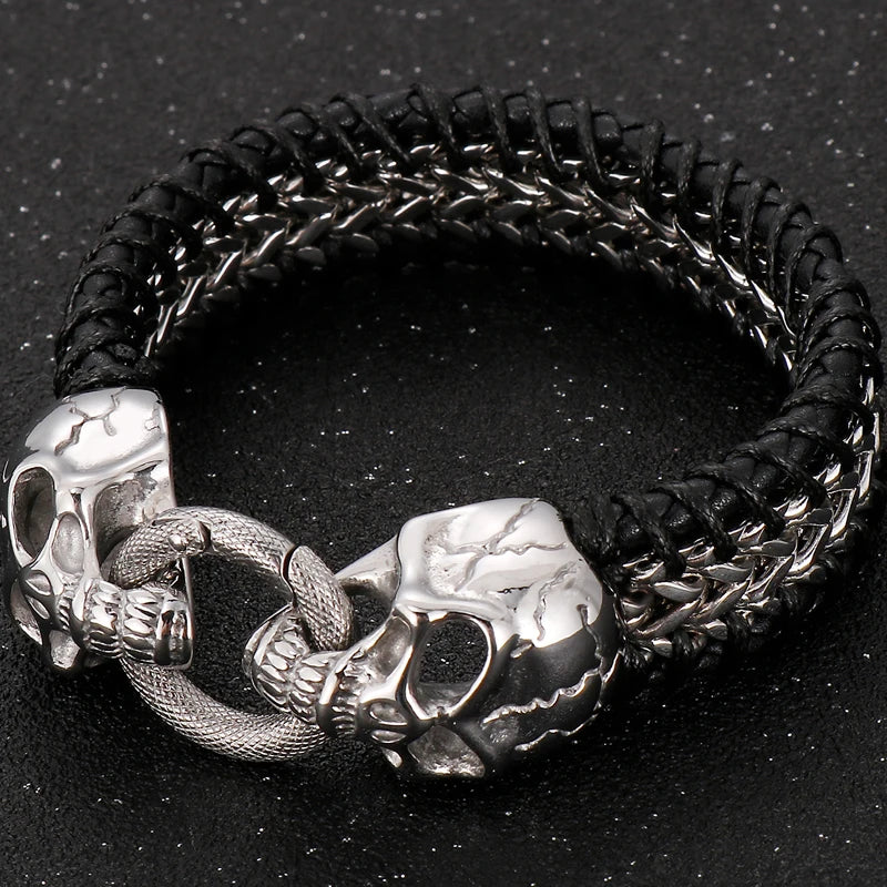 Gothic Skull Head Men's Bracelets Cowhide Leather & Stainless Steel Wristband Man Viking Homme Armband Hand Chain Male