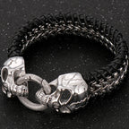 Gothic Skull Head Men's Bracelets Cowhide Leather & Stainless Steel Wristband Man Viking Homme Armband Hand Chain Male