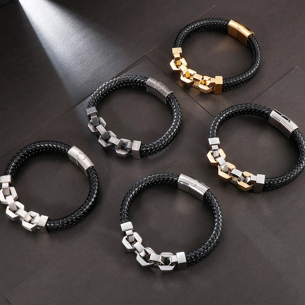 Friendship Man Bracelets Stainless Steel Braided Genuine Leather Wristband Boys Cuff Bracelet Men Jewellery Gifts For